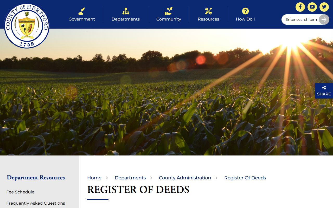 Hertford County Register of Deeds page with contact and online search links