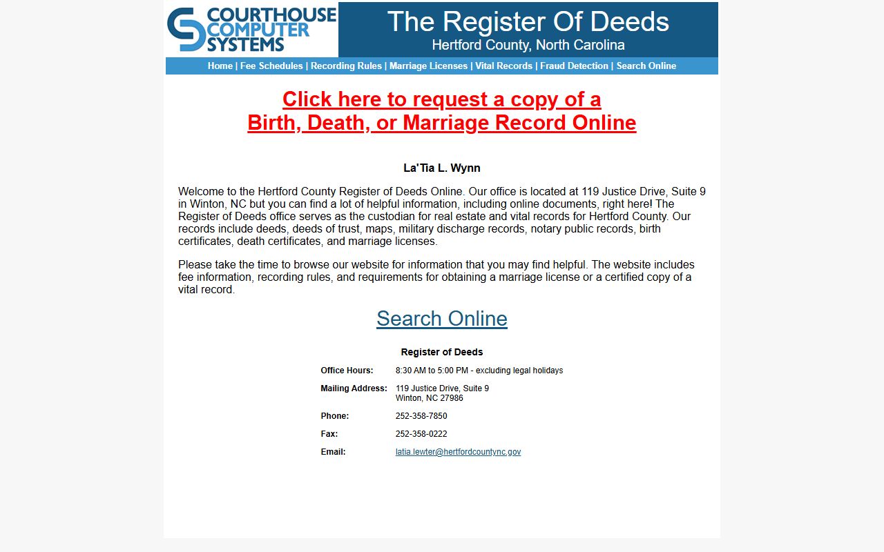Hertford County Register of Deeds online search landing page