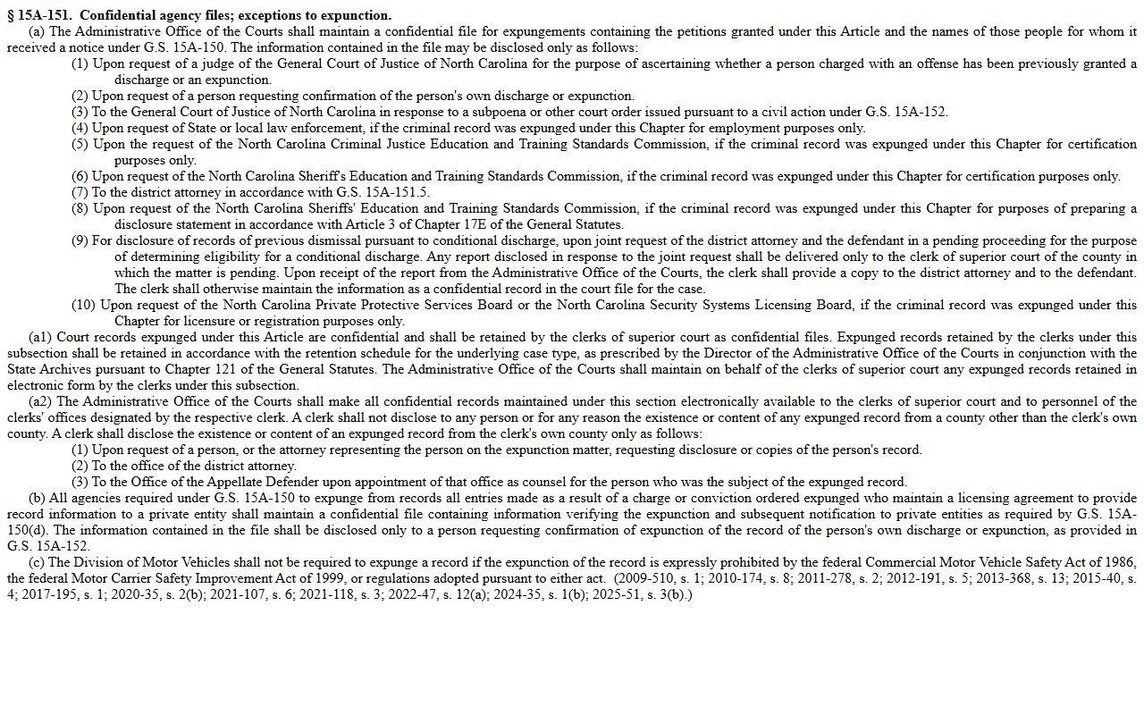 Hertford County criminal court records expunction confidentiality statute