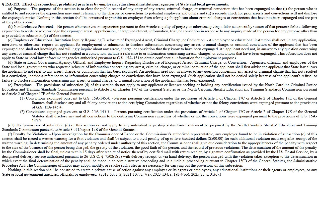 Hertford County criminal court records expunction effect statute