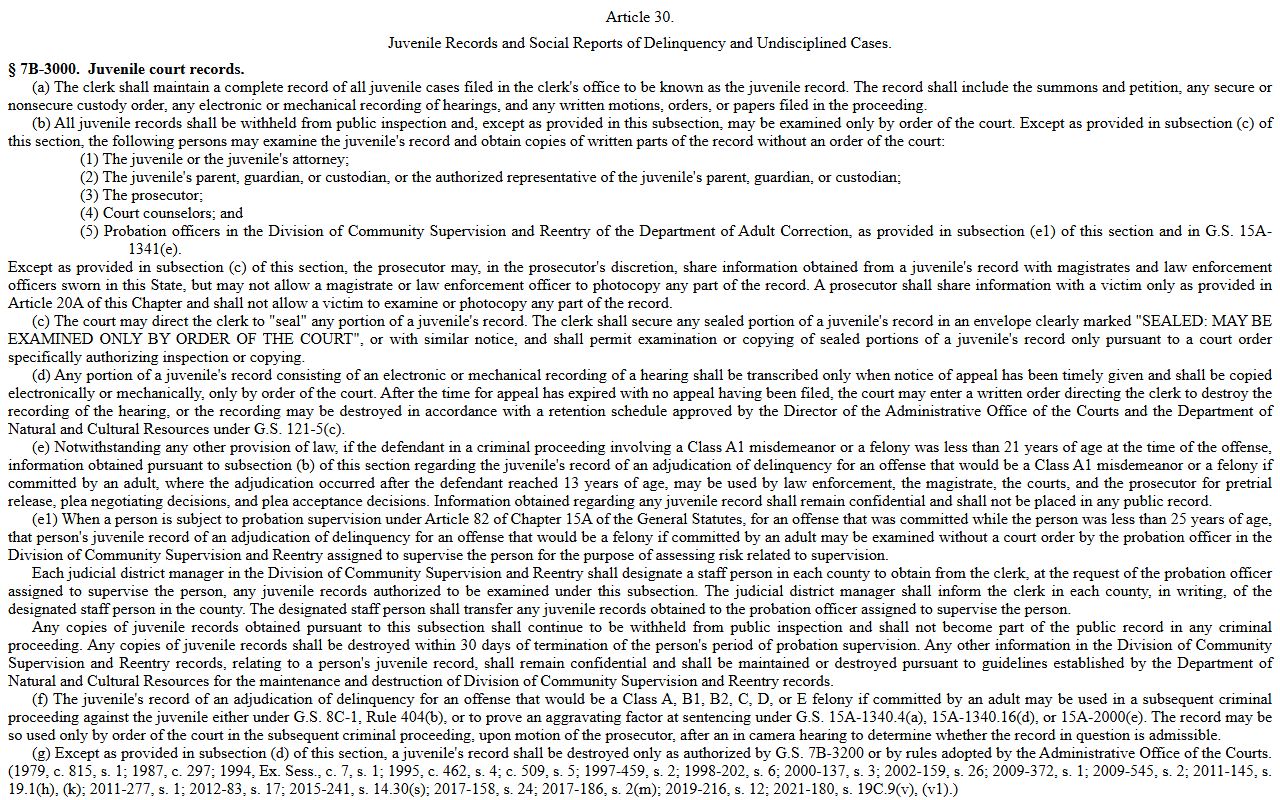 Hertford County criminal court records juvenile confidentiality statute