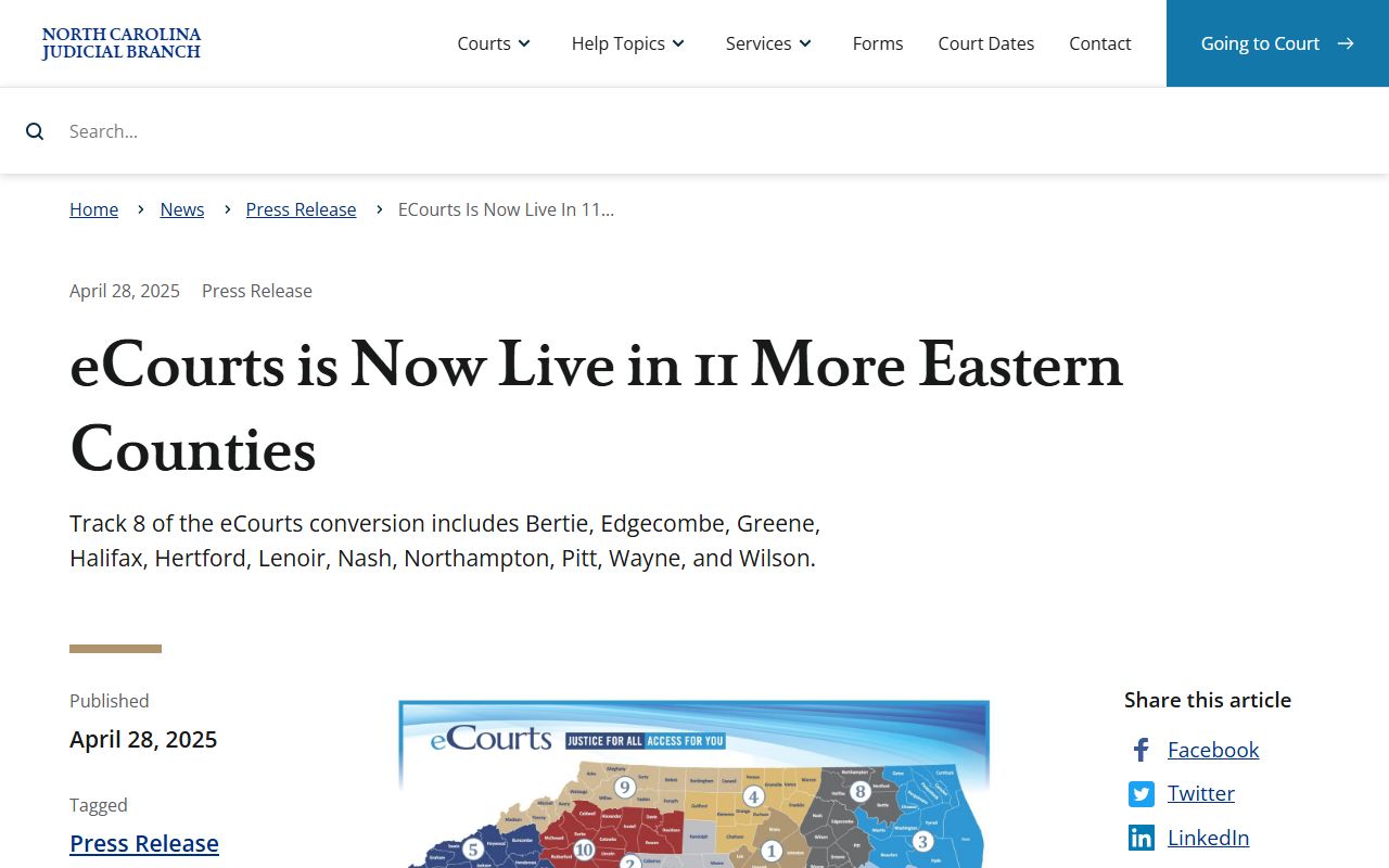 NC Judicial Branch eCourts go-live announcement for Hertford County and other eastern counties