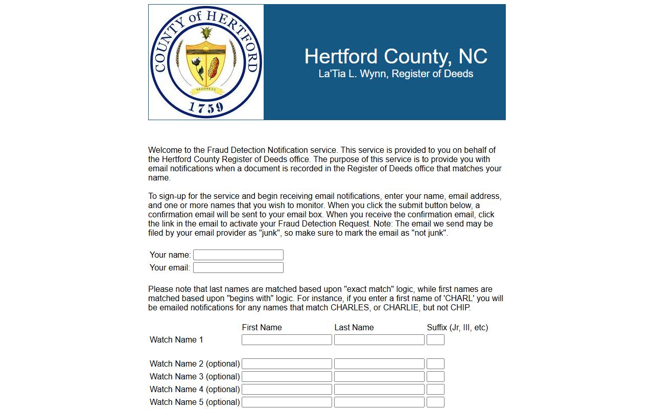Hertford County warrant records fraud detection notification source